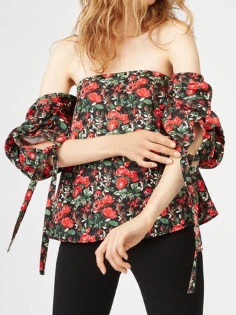 Club Monaco Floral Off-the-Shoulder Top Silk Wool Cotton Blend